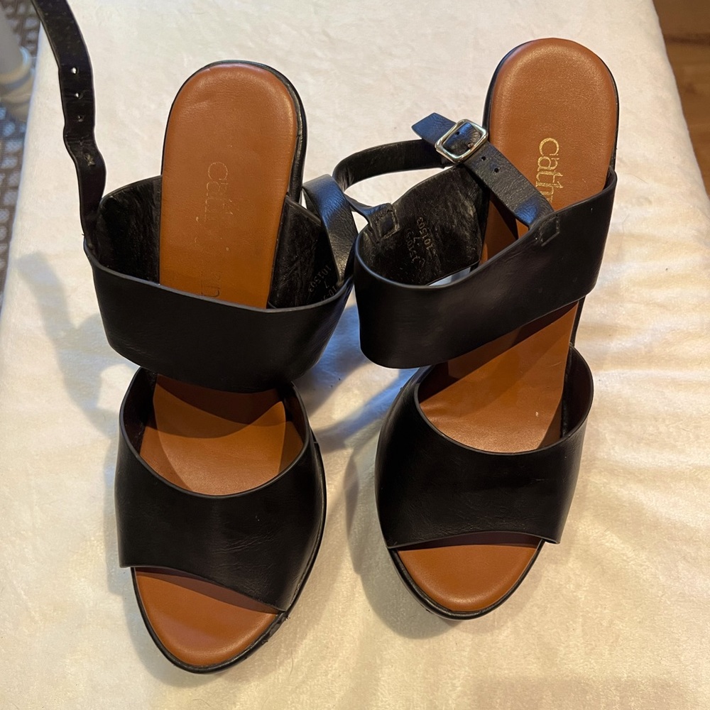Cathy Jeans Heels Size 7 Black Wedge Open Toe- worn once!